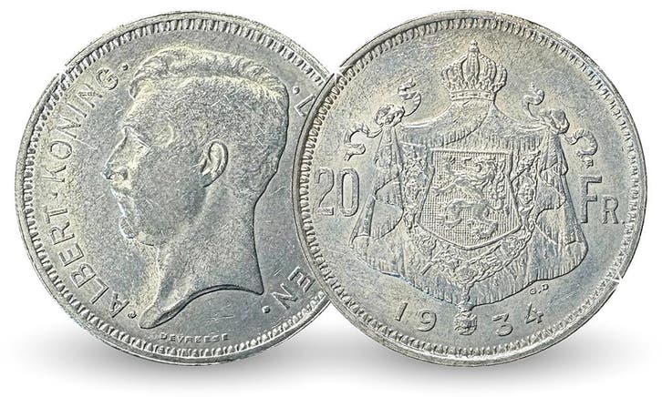 20 Francs 1933-1934 - Koning Albert I, Postzegels en Munten, Munten en Bankbiljetten | Verzamelingen, Verzenden