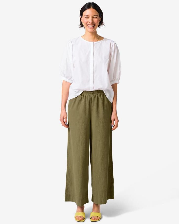 HEMA Damesbroek Taylor wijd seersucker olijf, Kleding | Dames, Overige Dameskleding, Nieuw, Verzenden