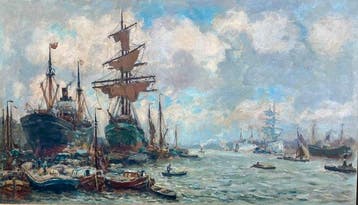 Evert Moll (1878-1955) - Driemaster in de haven, Antiek en Kunst