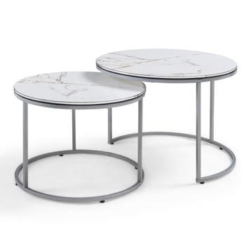 [en.casa] Salontafel Skagen set van 2 rond marmer wit en zil, Verzenden, Nieuw