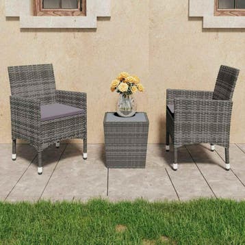 vidaXL 3-delige Bistroset poly rattan en gehard glas grijs, Tuin en Terras, Tuinsets en Loungesets, Verzenden, Nieuw