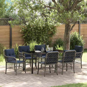 vidaXL Tuin eettafelset met kussen 7 pcs Grijs en zwart, Verzenden, Nieuw, Rotan, 7 zitplaatsen