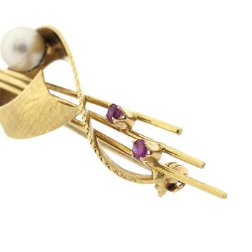 Gouden broche met parel en robijn, Sieraden, Tassen en Uiterlijk, Broches, Gebruikt, Overige kleuren, Ophalen of Verzenden, Met edelsteen