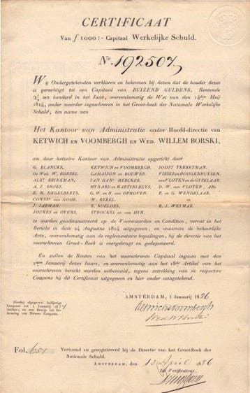 Nederland. Werkelijke Schuld - Certificaat 1000 gulden 1886