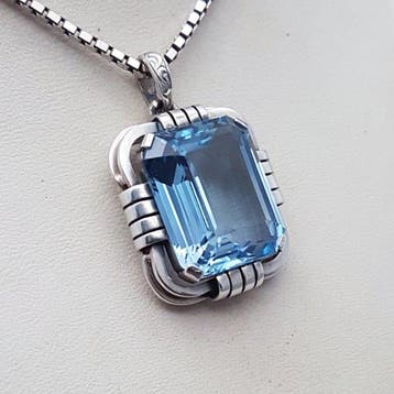 Zilver, Art Deco, Blauwe Spinel(Getest) - Ketting met hanger