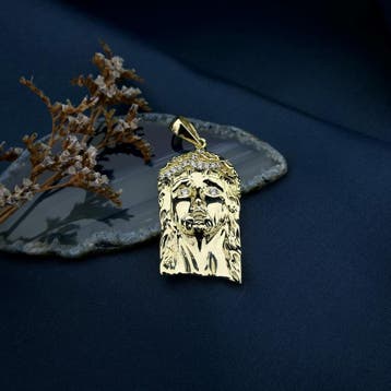 Gouden hanger met het gezicht van Jezus en zirconia, Ophalen of Verzenden, Gebruikt, Goud, Overige merken