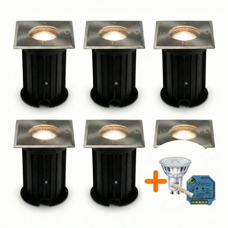 6-Stuks | SMART LED Grondspot GU10 vierkant | Athens | RVS, Huis en Inrichting, Lampen | Spots, Led, Nieuw, Plafondspot of Wandspot