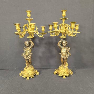 Pendule (2) Lodewijk XVI-stijl - Verguld brons, Gepatineerd, Antiek en Kunst