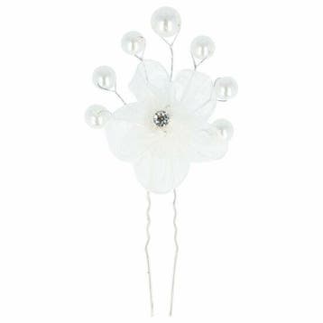 Haarspeld Haarpin 8cm - Bloem - Parelkralen - Wit Zilver, Nieuw