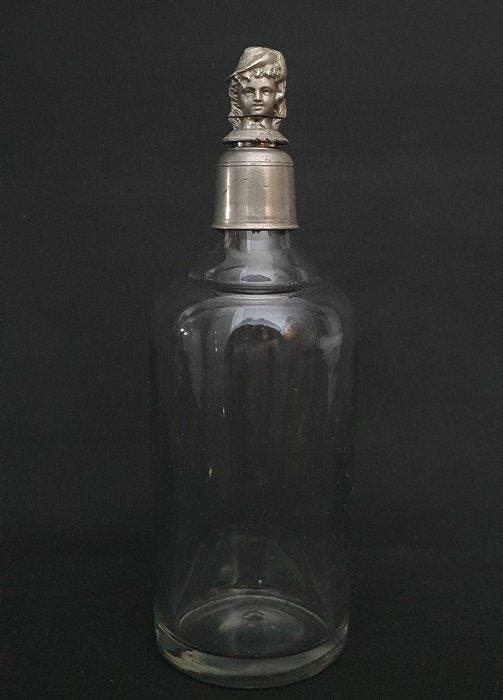 Fles - Tin, Glas - Fles met draaibare kop, Antiek en Kunst, Antiek | Glas en Kristal
