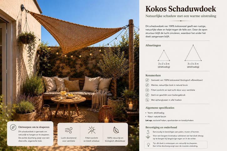 Schaduwdoek kokos driehoek 3x3x3m, Tuin en Terras, Schaduwdoeken, Nieuw, Verzenden