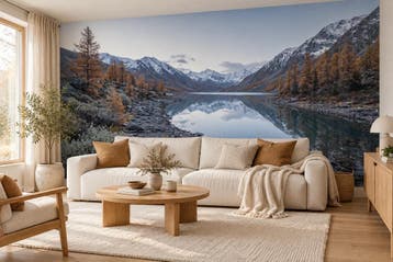 Fotobehang bergmeer – bergen en herfstbomen behang, Verzenden, Fotobehang