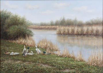 Hermanus Cornelis Hokken (1927-1988) - Eendjes aan de, Antiek en Kunst