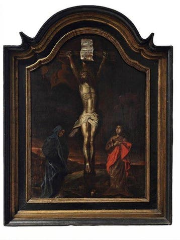 École flamande (XVII) - Crucifixion du Christ avec la Vierge, Antiek en Kunst, Kunst | Schilderijen | Klassiek