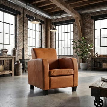 Leren fauteuil Joy - Kenia Rost (oranje) - Poten hout bruin, Huis en Inrichting, Nieuw, Ophalen of Verzenden, Eigentijds, Klassiek, Modern