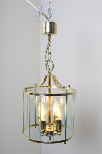 Vintage hanglamp messing, glas, Huis en Inrichting, Lampen | Hanglampen, Gebruikt, Glas, Jaren 70