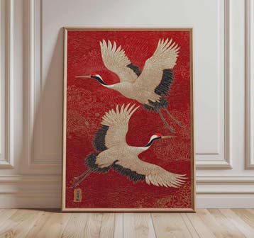 Japanse Kraanvogel Wanddecoratie - Rode en Gouden Oosterse V