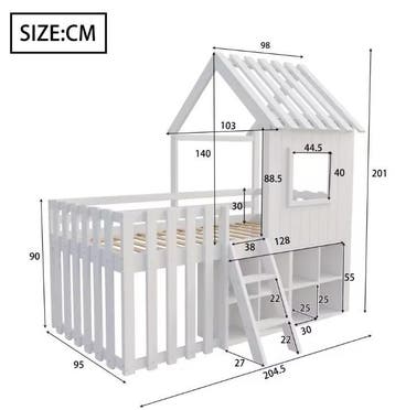 Kinder Huisbed 90x200 cm met Dak, Raam en Klimladder, Huis en Inrichting, Slaapkamer | Stapelbedden en Hoogslapers, Verzenden