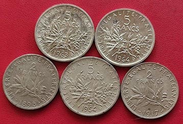 Frankrijk. Lot de 5 monnaies en argent, 1898/1964 (Zonder, Postzegels en Munten