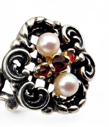 Zonder minimumprijs - Ring Zilver Parel - Granaat, Nieuw