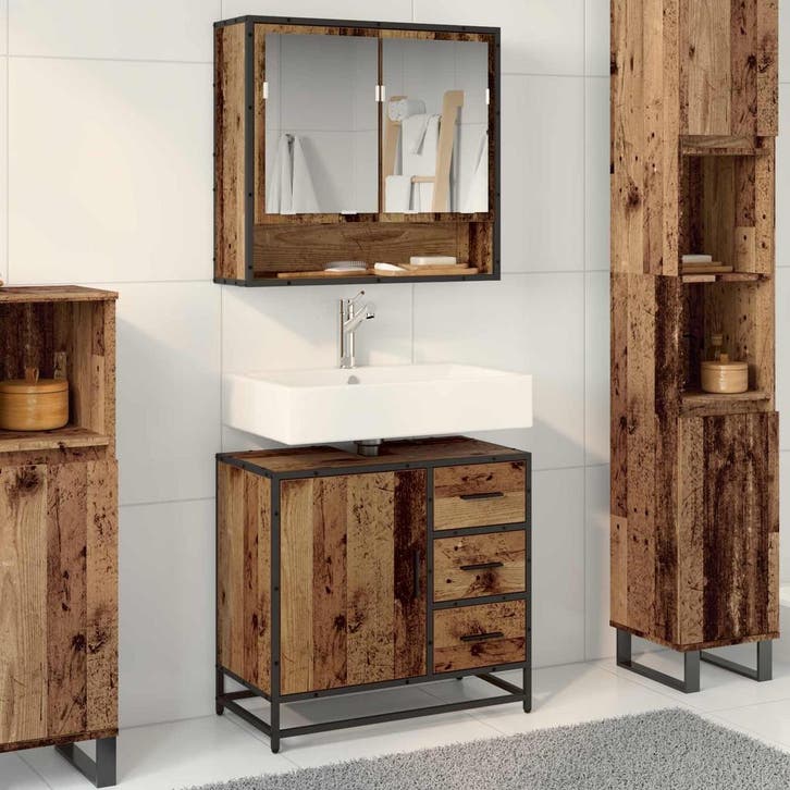 vidaXL Badkamermeubelset met lade 2 pcs Oud Hout Bewerkt, Huis en Inrichting, Badkamer | Badkamermeubels, Overige typen, Nieuw