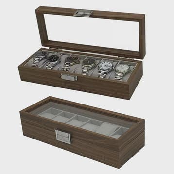 Luxe Houten Horlogedoos met Glazen Deksel - 6 Vakken - Walno, Verzenden, Nieuw