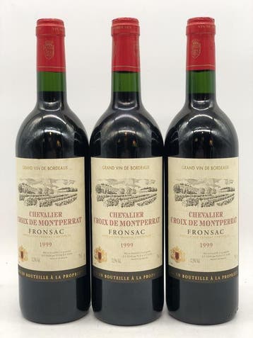 3 x 75cl Chevalier Croix de Montperrat Fronsac 1999 (rood), Ophalen of Verzenden, Nieuw, Frankrijk, Rode wijn