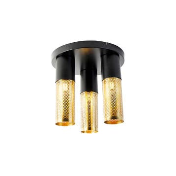Industriële plafondlamp zwart met goud rond 3-lichts - Raspi, Verzenden, Nieuw, Industrieel