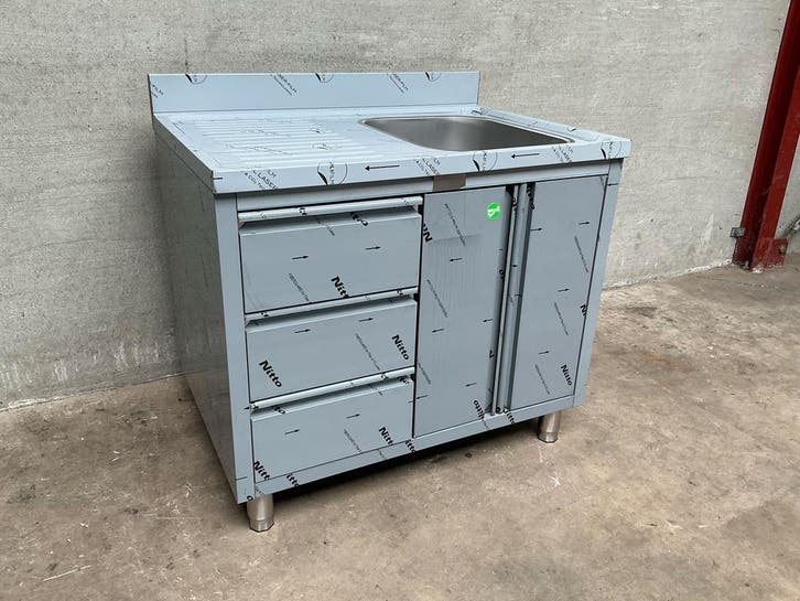 Spoeltafel met draaideuren en 3 laden 1 bak rechts 100cm, Zakelijke goederen, Horeca | Keukenapparatuur, Nieuw in verpakking, RVS Meubilair