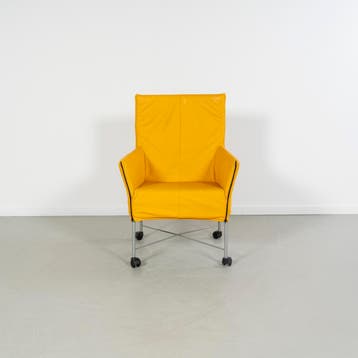 8x  Montis Charly Fauteuil Okergeel Leer - Grijs/Wiel, Huis en Inrichting, Ophalen, Gebruikt, Minder dan 75 cm, Leer