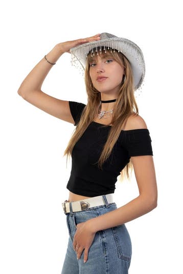 KIMU® Cowboyhoed Zilver Strass Steentjes Zwarte Cowgirl West, Ophalen of Verzenden, Nieuw, Carnaval