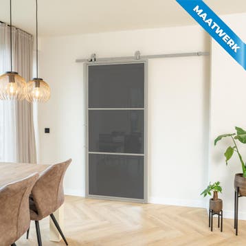 Stalen Schuifdeur Kiezelgrijs 3 Vlaks Maatwerk Rookglas, Doe-het-zelf en Verbouw, Kozijnen en Schuifpuien, Nieuw, Metaal, Inclusief glas