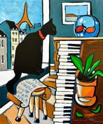 Jiel - Partition au vieux Piano, chat noir et poissons, Antiek en Kunst