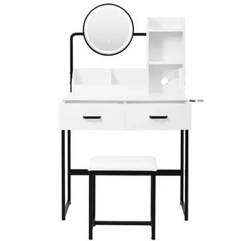 Witte make-uptafel met lades, open vakken en kruk, Huis en Inrichting, Tafels | Kaptafels, Verzenden, Nieuw