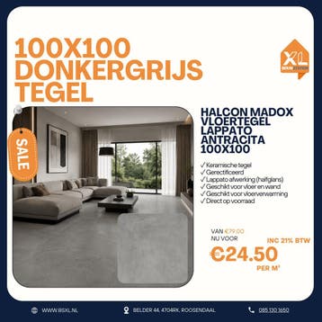 100x100 ANTRACIET - VOORRAAD = ACTIE TEGEL = GERECTIFICEERD, Doe-het-zelf en Verbouw, Tegels, 60 cm of meer, Nieuw, Ophalen of Verzenden