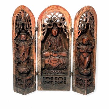 Japanse vouwbare reis-schrijn – boeddhistische hars-triptiek, Antiek en Kunst
