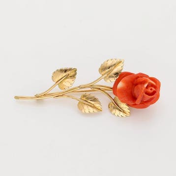 Broche - 18 karaat Geel goud - Bloedkoraal - Bloem