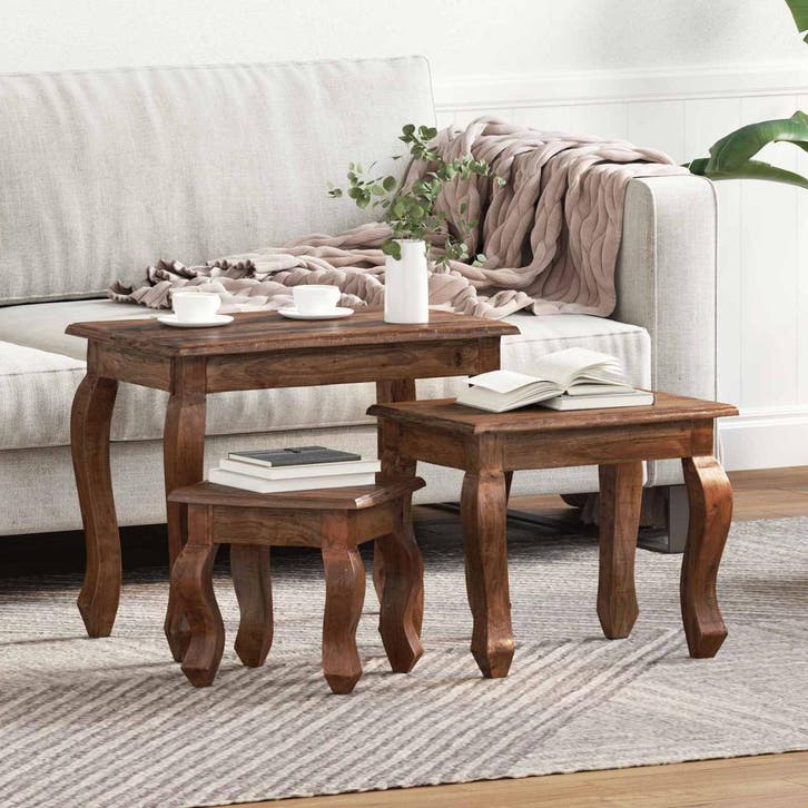 vidaXL Nesttafel 3 st Bruin Massief mahoniehout, Huis en Inrichting, Tafels | Salontafels, Nieuw, Overige houtsoorten, Verzenden