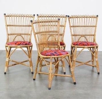 Stoel - Rattan, Hout, Fabric - Set van vier vintage jaren