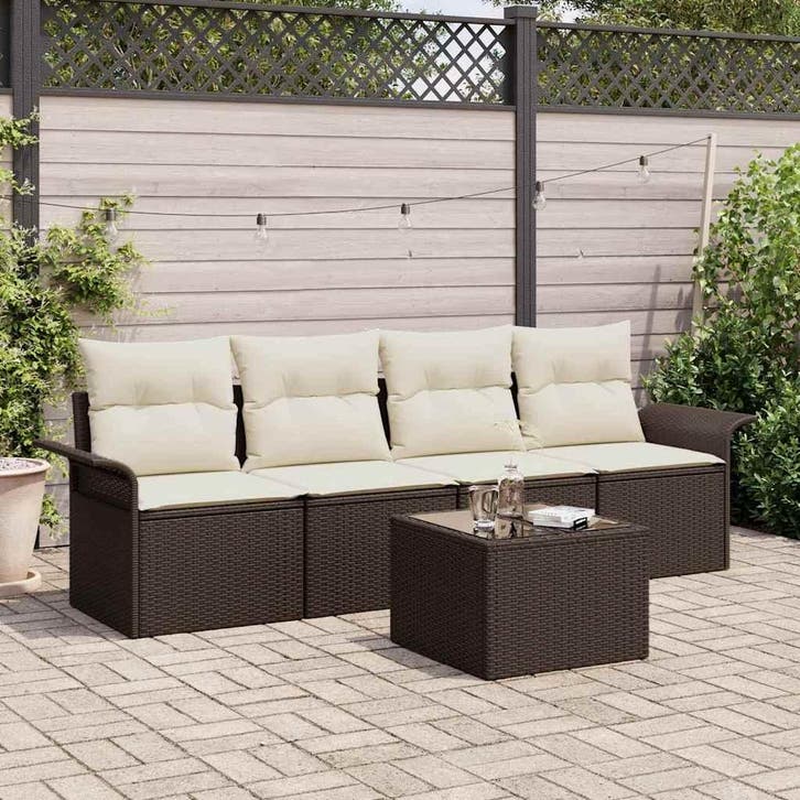 vidaXL Tuin Sofa Set met kussen 5 pcs Bruin en Crème poly, Tuin en Terras, Tuinsets en Loungesets, Nieuw, 5 zitplaatsen, Rotan
