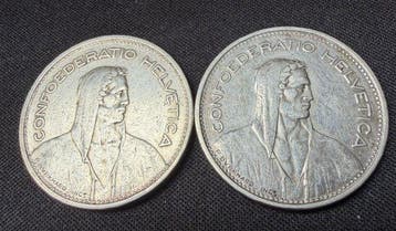 Zwitserland. 5 Francs 1932/1949 (2 monedas) (Zonder, Postzegels en Munten, Munten | Europa | Niet-Euromunten