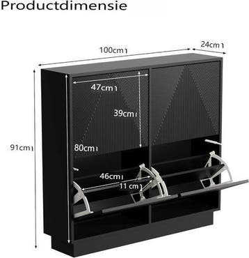 Schoenenkast - Schoenenrek - 100x24x91 cm - Zwart - UEV, Verzenden, Zo goed als nieuw