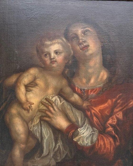 Anthony Van Dyck (1599-1641), Navolger van - Madonna con, Antiek en Kunst, Kunst | Schilderijen | Klassiek