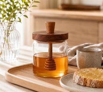 Honingpot met houten deksel & geïntegreerde honinglepel, Antiek en Kunst, Verzenden