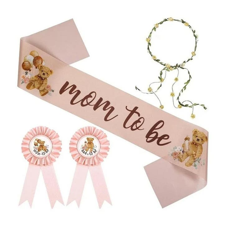 Babyshower set met sjerp, 2 rozetten en bloemenkrans, Hobby en Vrije tijd, Feestartikelen, Geboorte of Huwelijk, Nieuw, Versiering