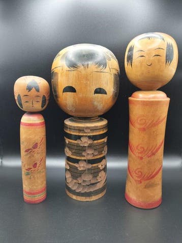 3x traditionele Kokeshi-poppen - Hout - Japan - Shwa