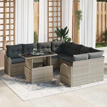 vidaXL Tuin Sofa Set 9 st Lichtgrijs poly rattan, Verzenden, Nieuw, Rotan, Meer dan 8 zitplaatsen