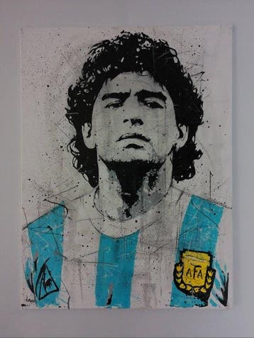 Diego Maradona - handpainted and signed painting - by artist, Nieuw