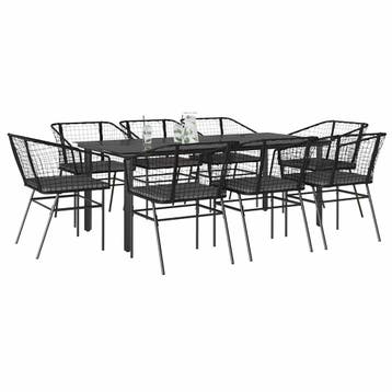 vidaXL 9-delige Tuinset met kussens poly rattan glas zwart, Nieuw, 8 zitplaatsen, Tuinset, Verzenden