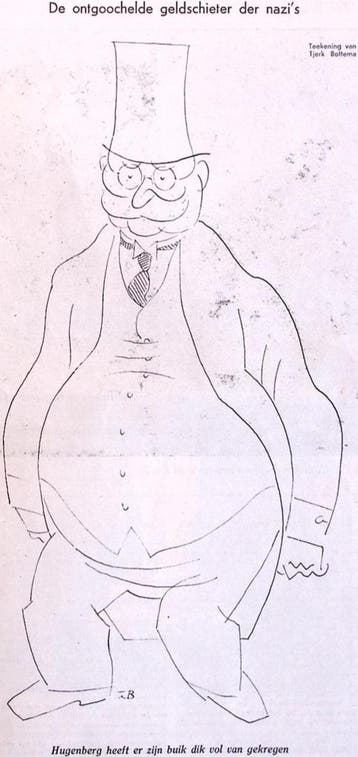 Spotprent met Alfred Hugenberg die uit het Hitler-kabinet..., Verzenden